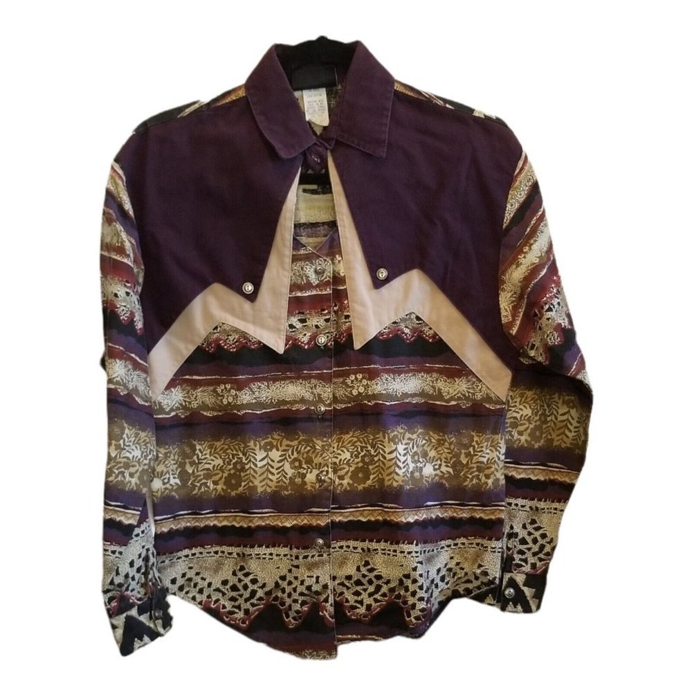 Vintage 90s Womens Western Longsleeve Button Up Shirt Purple Cream Sz Small